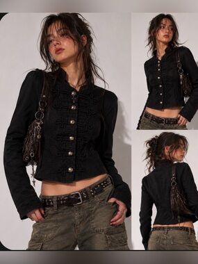 H&M Black Military-Style Y2K Indie Sleaze Regencycore Buttoned Jean Jacket Sz 6